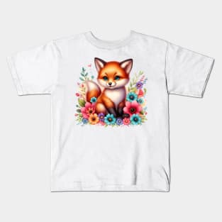 A red fox decorated with beautiful colorful flowers. Kids T-Shirt